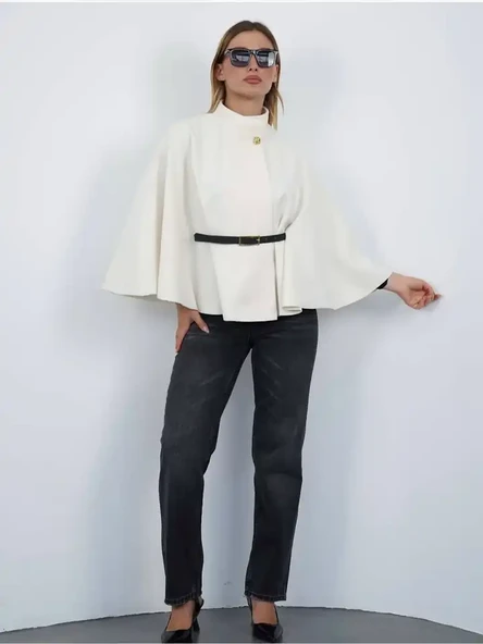 Pelerin Panço Kaban İnce Kaşe Kemer Hediyeli Gold Düğmeli - 5