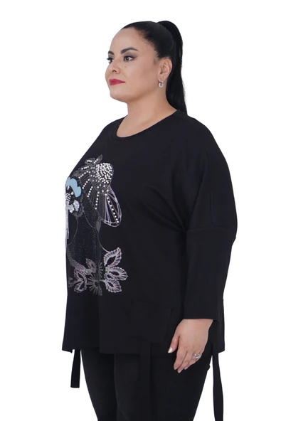 Kadın Büyük Beden Siyah Oversize Uzun Kol Bluz - Resim 7