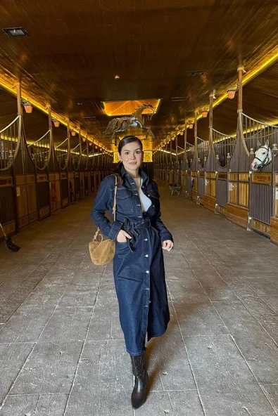 Beli Kuşaklı Düğme Detaylı Kot Elbise RİNS YIKAMA - 11