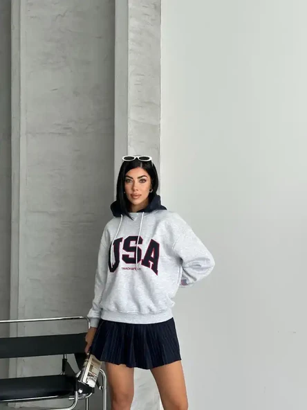 USA YAZILI KAPSONLU SWEAT - 5