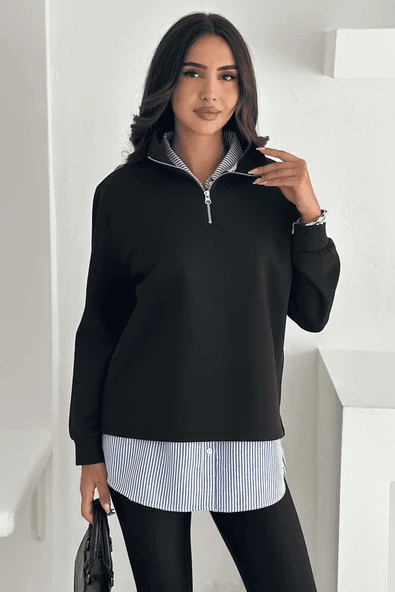 Fermuarlı Oversize Sweatshirt & Gömlek – Katmanlı Şehir Stili - 3