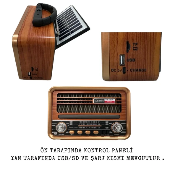RT-708 Retro Radyo Bluetooth Hoparlör - Solar (Güneş Enerjili) Şarjlı, USB/SD Kart Girişli, TWS Destekli, 3 Bant Radyo - Resim 3