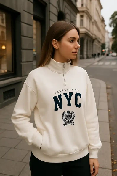ÖNÜ FERMUARLI NYC BASKILI SWEAT - 1