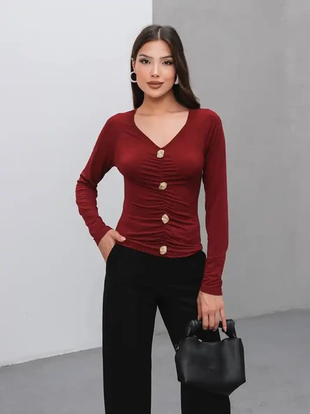 Kadın V Yaka Gold Düğmeli Bluz - Kahve - 4