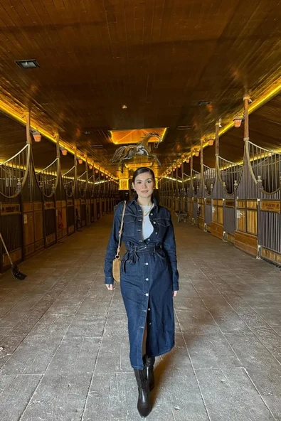 Beli Kuşaklı Düğme Detaylı Kot Elbise RİNS YIKAMA - 3