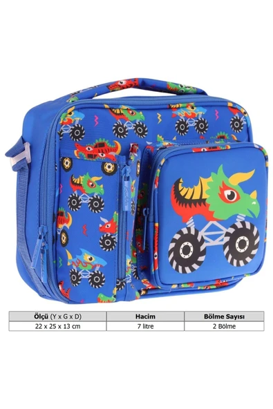KAUKKO Erkek Mavi Yeşil Canavar Isı Yalıtımlı Üç Bölmeli (Matara Cepli) Okul Beslenme Çantası L7255 - 3