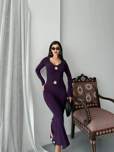 ÖNÜ ÇİFT TOKALI UZUN ELBISE - 9