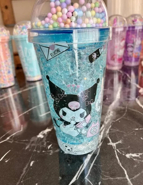 HEDİYELİK IŞIKLI BARDAK MATARA PİPETLİ ÇİFT KATMANLI MAVİ RENK - 3