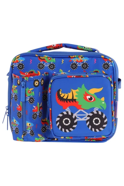 KAUKKO Erkek Mavi Yeşil Canavar Isı Yalıtımlı Üç Bölmeli (Matara Cepli) Okul Beslenme Çantası L7255 - 2