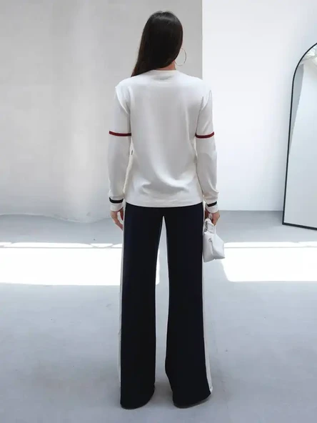 Kadın Çizgili Pamuklu Sweat Pantolon Rahat Takım - 7