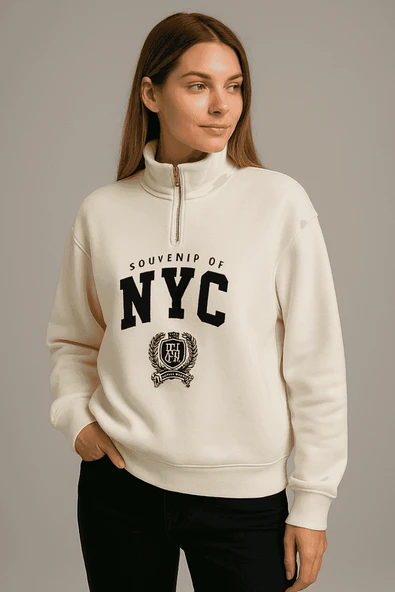 ÖNÜ FERMUARLI NYC BASKILI SWEAT - 2