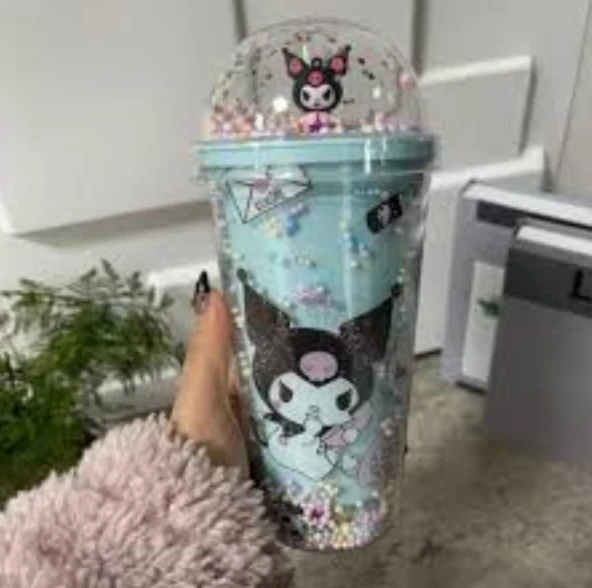 HEDİYELİK IŞIKLI BARDAK MATARA PİPETLİ ÇİFT KATMANLI MAVİ RENK - 4