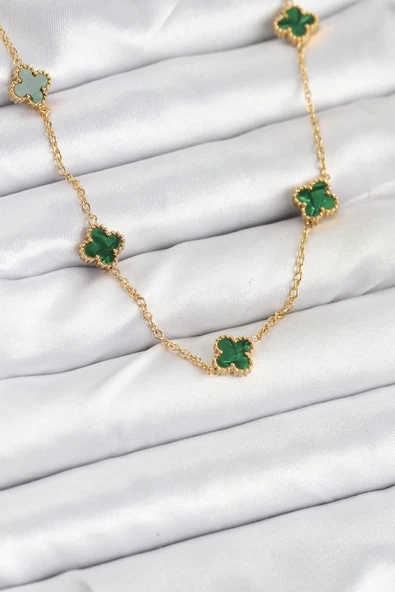 316L Çelik Zincir Gold Renk Yeşil Baby Boy Yonca Kadın Kolye - TJ-BKO10570 ürün görseli