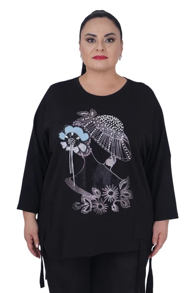 Kadın Büyük Beden Siyah Oversize Uzun Kol Bluz - Resim 6