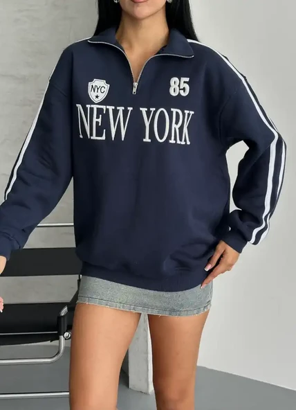YARIM FERMUARLI NEWYORK YAZILI SWEAT - 1