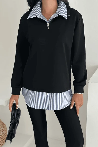 Fermuarlı Oversize Sweatshirt & Gömlek – Katmanlı Şehir Stili - 4