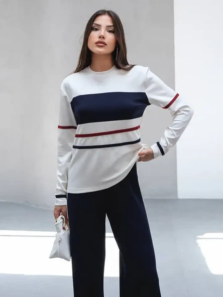 Kadın Çizgili Pamuklu Sweat Pantolon Rahat Takım - 8