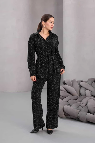 Kadın Siyah Fiyonklu Oversize Gömlek Ve Bağcıklı Beli Lastikli Taş İşlemeli İkili Takım - 3