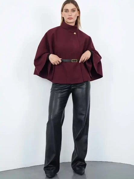 Pelerin Panço Kaban İnce Kaşe Kemer Hediyeli Gold Düğmeli - 10