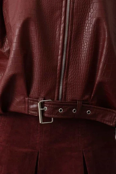 Kemer Detaylı Suni Deri Bomber Ceket - 5