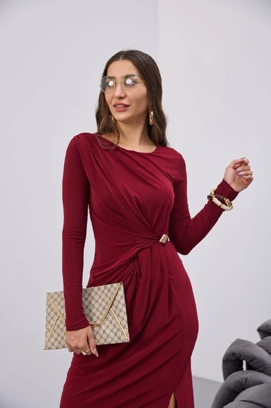 BELİ BÜZGÜLĞ TOKALI ELBİSE - 6