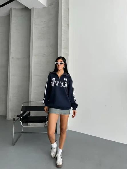 YARIM FERMUARLI NEWYORK YAZILI SWEAT - 10