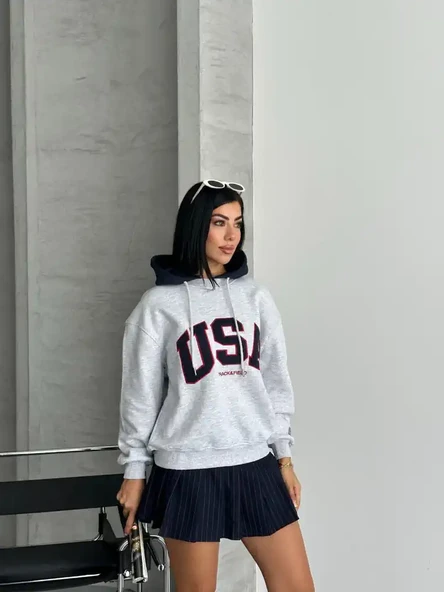 USA YAZILI KAPSONLU SWEAT - 1