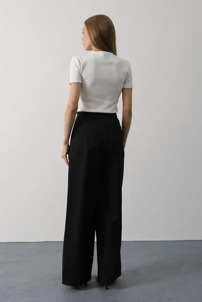 Pileli Bağcıklı Oversize Pantolon - 2