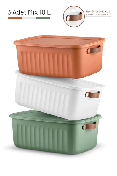 Mithra Life 3 lü 3 Renkli 10 lt Çok Amaçlı Kapaklı Organizer Saklama Kabı Kutu MIT1265 - Resim 2
