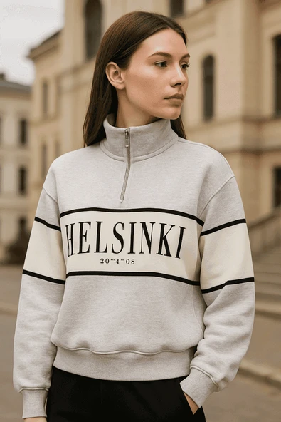 ÖNÜ FERMUARLI HELSİNŞI BASKILI KISA SWEAT - 4