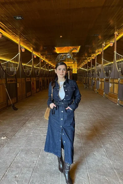 Beli Kuşaklı Düğme Detaylı Kot Elbise RİNS YIKAMA - 6