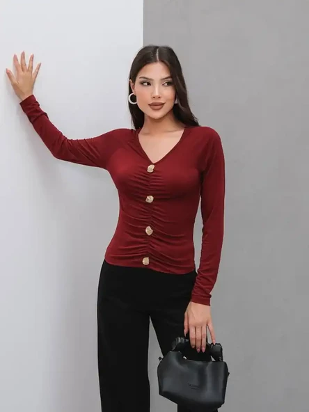Kadın V Yaka Gold Düğmeli Bluz - Kahve - 7