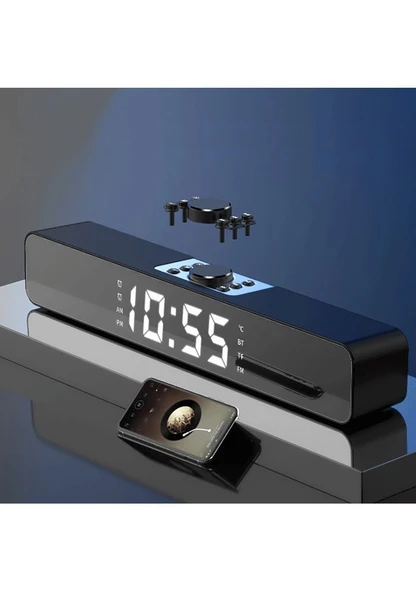 Bluetooth Hoparlör Şarjlı Ses Sistemi LED Ekran FM Çalar Saat Sıcaklık PC USB Aux Tf Kart - 8