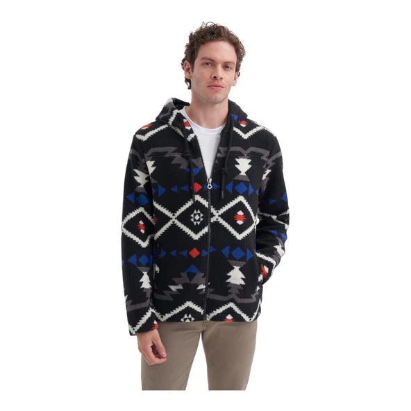 Vintage Desenli Kürklü Regular Fit Kapüşonlu Sweat Hırka