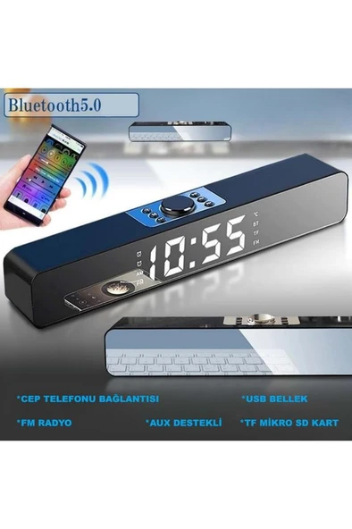 Bluetooth Hoparlör Şarjlı Ses Sistemi LED Ekran FM Çalar Saat Sıcaklık PC USB Aux Tf Kart - 3