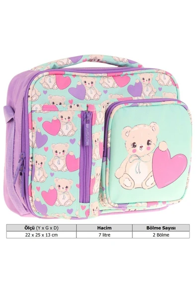KAUKKO Kız Turkuaz Mor Ayıcık Isı Yalıtımlı Üç Bölmeli (Matara Cepli) Okul Beslenme Çantası L7239 - 3