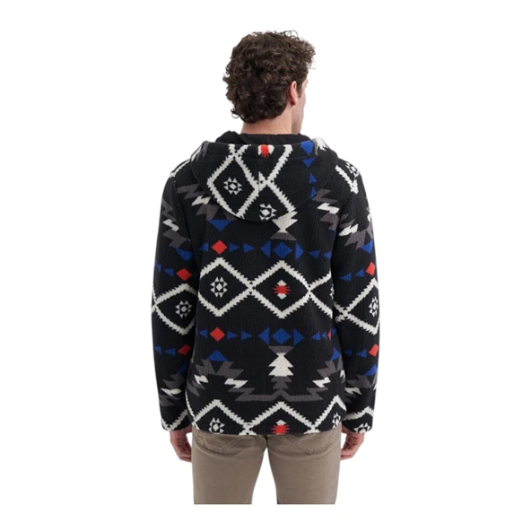 Vintage Desenli Kürklü Regular Fit Kapüşonlu Sweat Hırka - 6