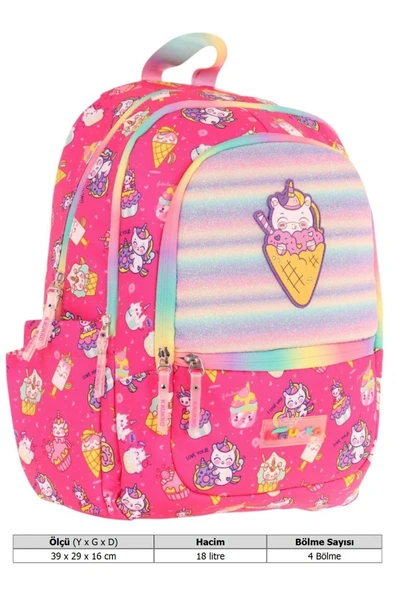 KAUKKO Üç Bölmeli Kız Çocuk İlkokul Sırt Çantası (L5227) - Pembe - Kauçuk Dondurma - 4