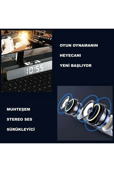 Bluetooth Hoparlör Şarjlı Ses Sistemi LED Ekran FM Çalar Saat Sıcaklık PC USB Aux Tf Kart - 6