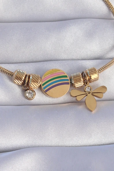 316L Çelik Gold Renk Zirkon Taşlı Gökkuşağı Tasarımlı Yusufçuk Bileklik - TJ-BB6204 - Resim 2