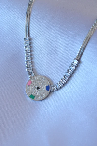 316L Çelik Gümüş Zirkon Taşlı İtalyan Zincir Burç İşeleme Madalyon Kadın Kolye - TJ-BKO7520 ürün görseli