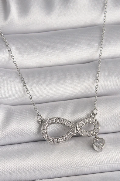 316L Çelik Gümüş Renk Zincir Zirkon Taşlı Sonsuzluk Model Taşlı Kalp Detay Kadın Kolye - TJ-BKO9801 ürün görseli