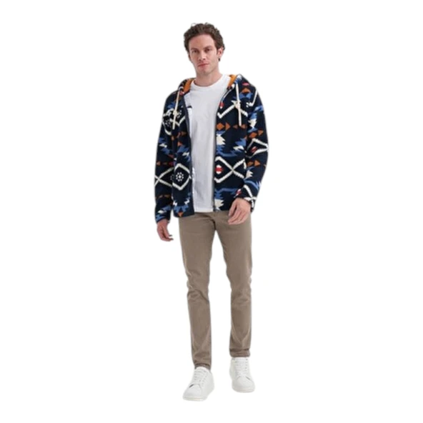 Vintage Desenli Kürklü Regular Fit Kapüşonlu Sweat Hırka - 3