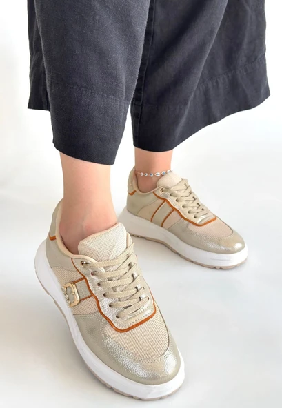 Tanwe Bej Cilt Bağcıklı Spor Ayakkabı - Resim 5