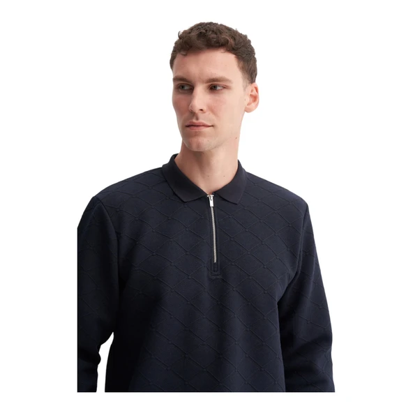 Premium Baklava Desenli Kapitone Jakar Polo Yaka Sweatshirt-53420 - Resim 15