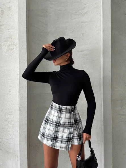 İki düğmeli şort ch kumaş etek ekoseli siyahbeyaz h26414 - 3