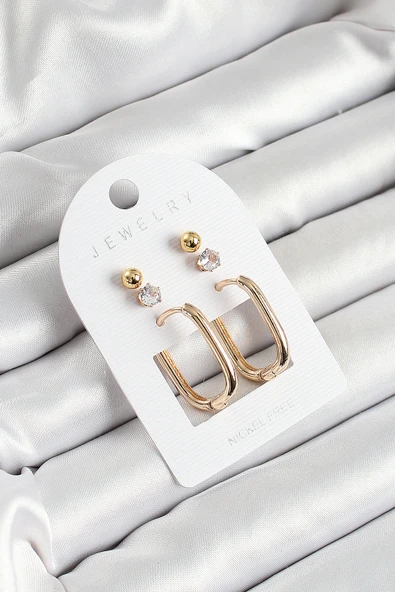 Pirinç Zirkon Taş Ve Dikdörtgen Figürlü Gold Renk 3'lü Çift Kadın Küpe Set - TJ-BKP10651 ürün görseli