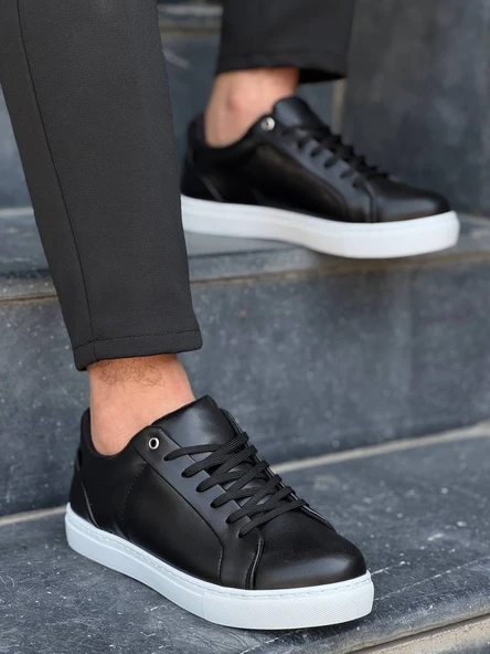 KB-BX1 Siyah Cilt Yüksek Beyaz Taban Günlük Erkek Ayakkabı - Resim 3