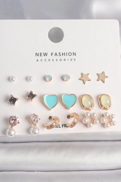 Pirinç Gold Renk Zirkon Taşlı İncili Çiçek Mavi Kalp Figür 9 Çift Kadın Küpe Seti - TJ-BKP10180 ürün görseli