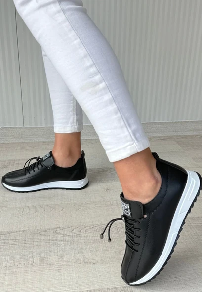 Monya Siyah Cilt Bağcıklı Spor Ayakkabı - Resim 7